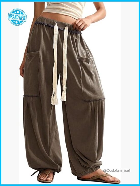 Pants - Boho Harem Pants Wide Leg Drawstring Waist Sweatpants Joggers with Pockets Y2K